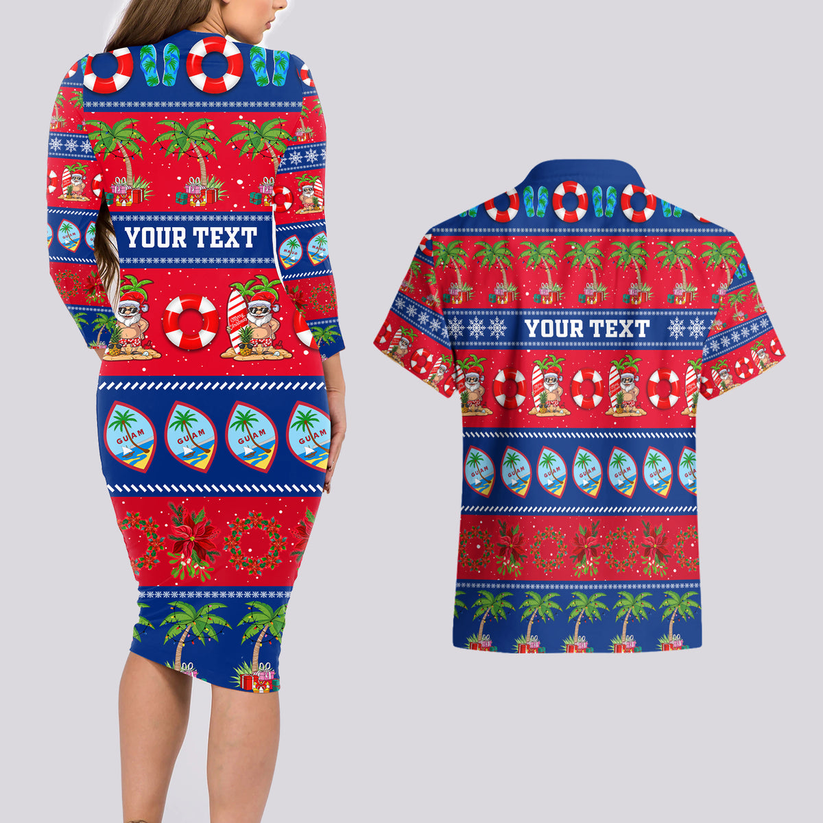 Personalised Guam Christmas Couples Matching Long Sleeve Bodycon Dress and Hawaiian Shirt Felis Pasgua LT14 - Polynesian Pride