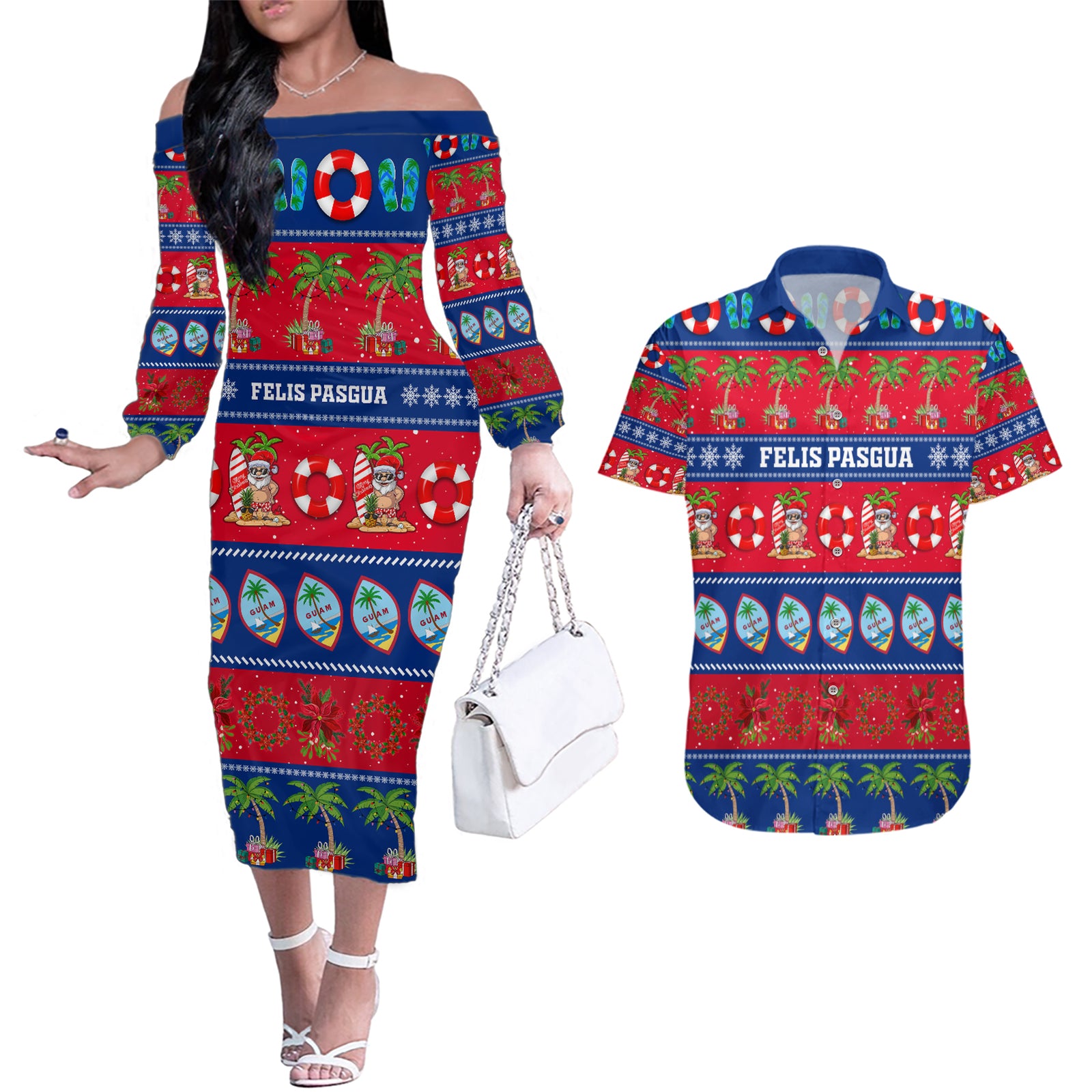 Personalised Guam Christmas Couples Matching Off The Shoulder Long Sleeve Dress and Hawaiian Shirt Felis Pasgua LT14 Blue - Polynesian Pride