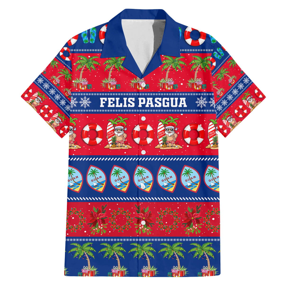 Personalised Guam Christmas Family Matching Mermaid Dress and Hawaiian Shirt Felis Pasgua LT14 Dad's Shirt - Short Sleeve Blue - Polynesian Pride