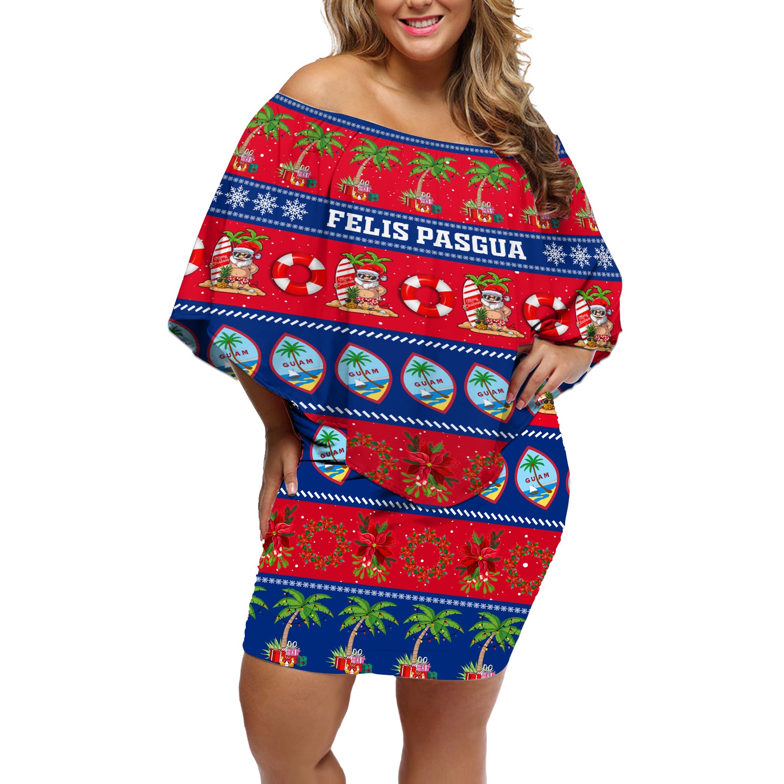 Personalised Guam Christmas Off Shoulder Short Dress Felis Pasgua LT14 Women Blue - Polynesian Pride