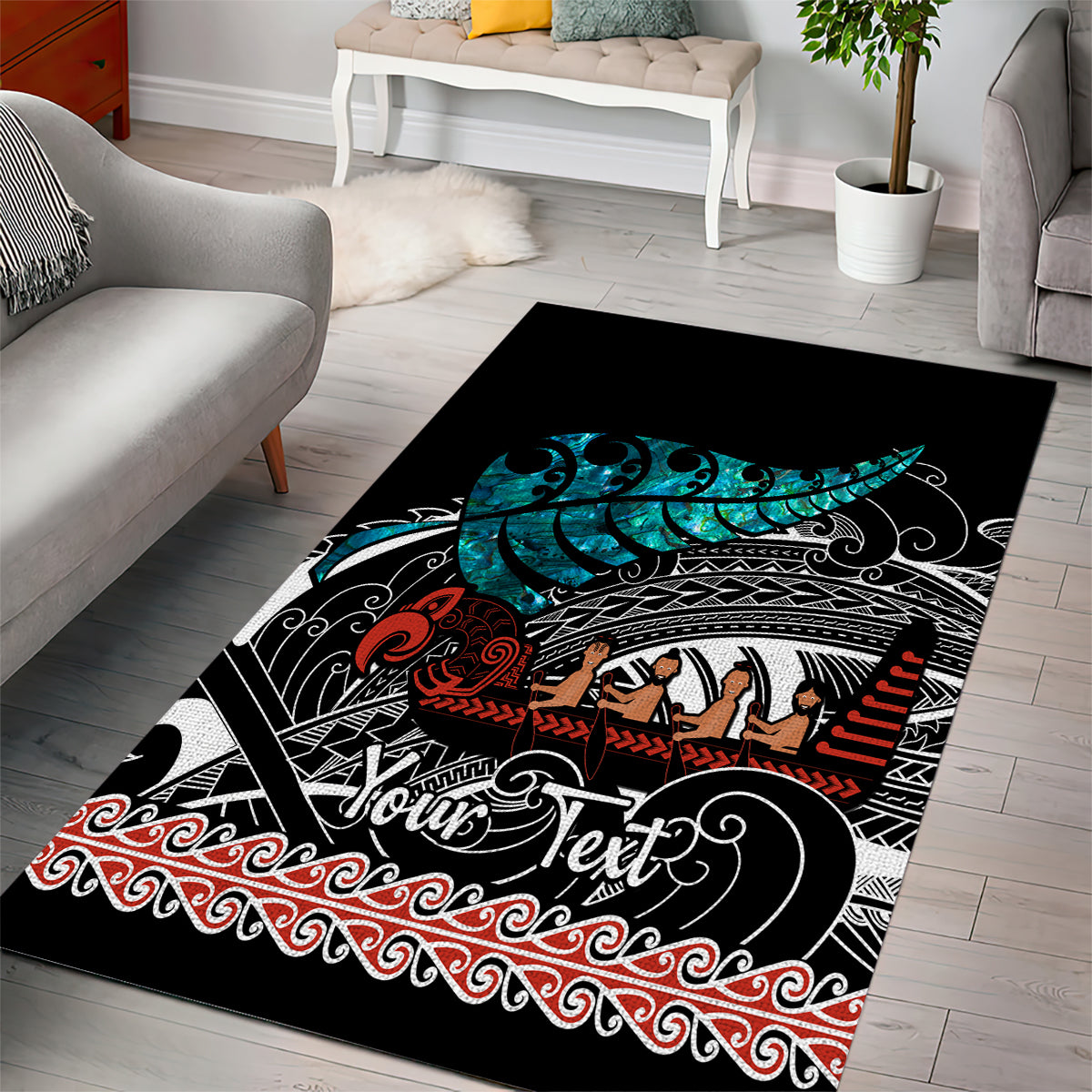 Personalised New Zealand Waka Area Rug Aotearoa Maori Silver Fern Pattern LT14 - Polynesian Pride