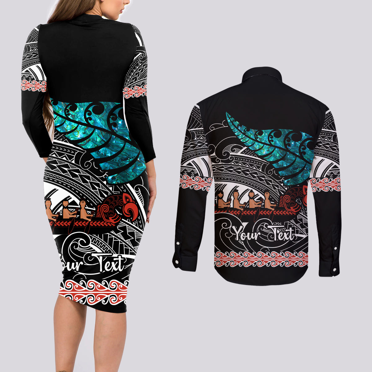 Personalised New Zealand Waka Couples Matching Long Sleeve Bodycon Dress and Long Sleeve Button Shirt Aotearoa Maori Silver Fern Pattern LT14 - Polynesian Pride