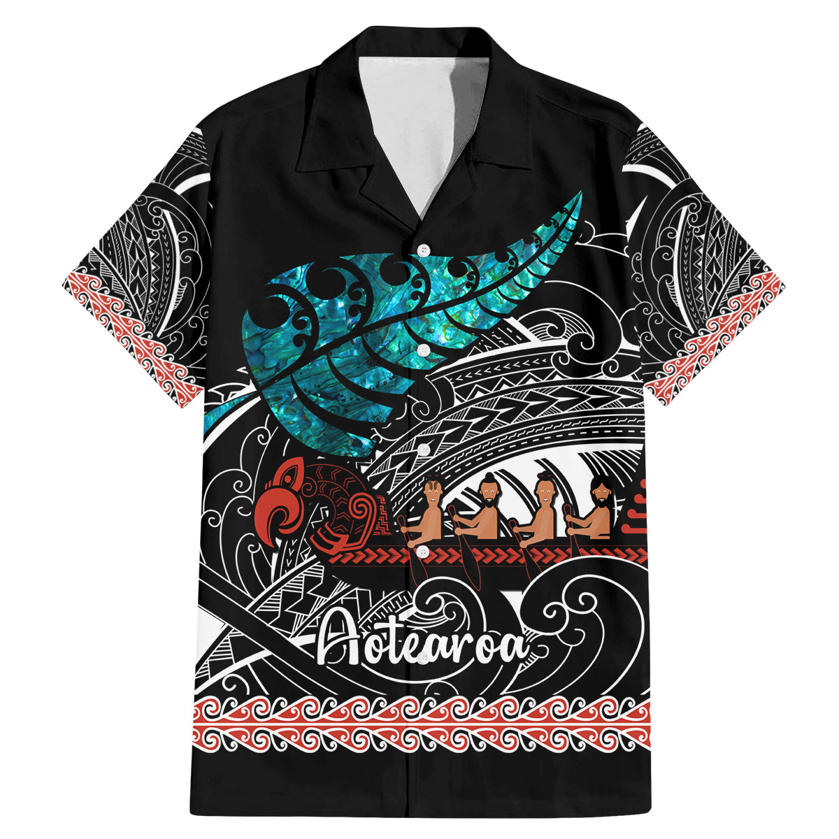 Personalised New Zealand Waka Family Matching Mermaid Dress and Hawaiian Shirt Aotearoa Maori Silver Fern Pattern LT14 Dad's Shirt - Short Sleeve Black - Polynesian Pride