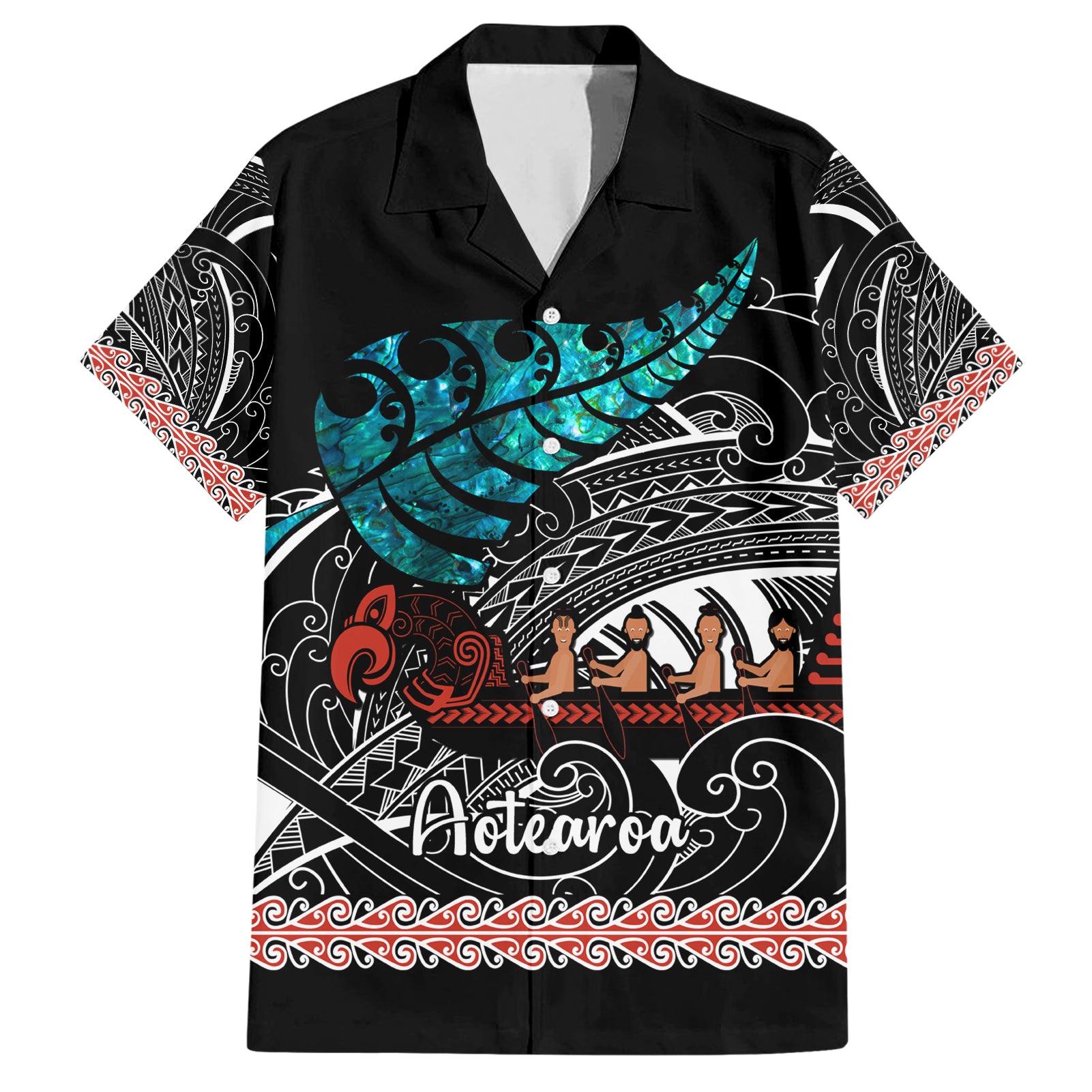 Personalised New Zealand Waka Hawaiian Shirt Aotearoa Maori Silver Fern Pattern LT14 Black - Polynesian Pride