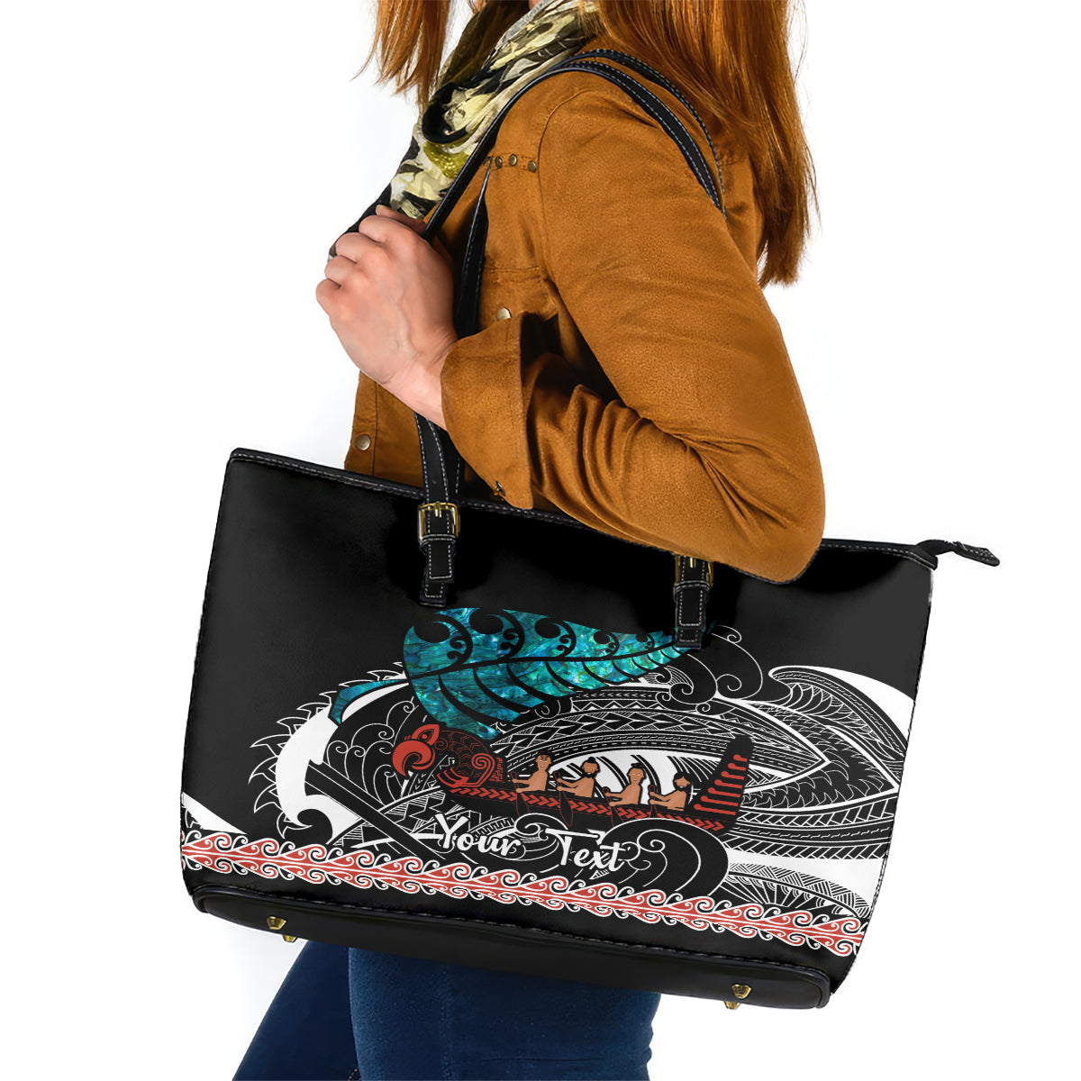 Personalised New Zealand Waka Leather Tote Bag Aotearoa Maori Silver Fern Pattern LT14 Black - Polynesian Pride