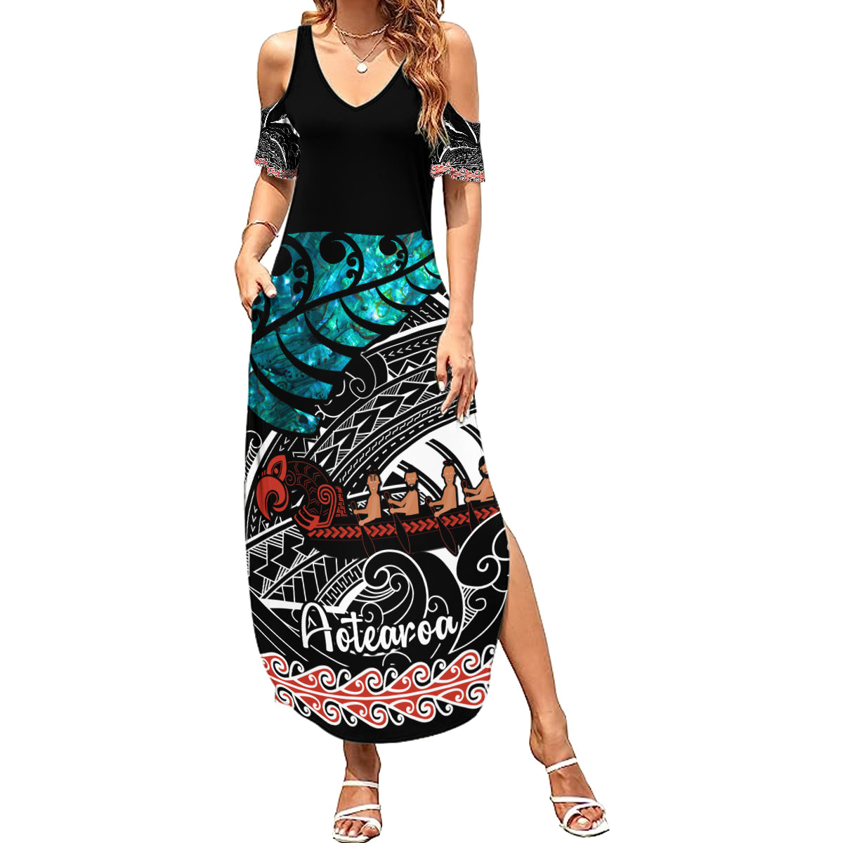 Personalised New Zealand Waka Summer Maxi Dress Aotearoa Maori Silver Fern Pattern LT14 Women Black - Polynesian Pride