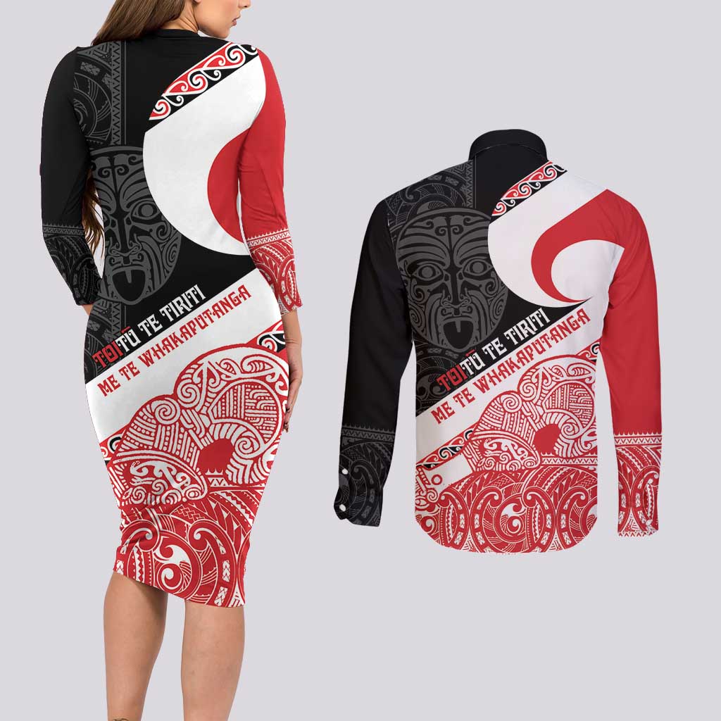 Toitu Te Tiriti Me Te Whakaputanga Couples Matching Long Sleeve Bodycon Dress and Long Sleeve Button Shirt Maori Wahaika With Haka Face