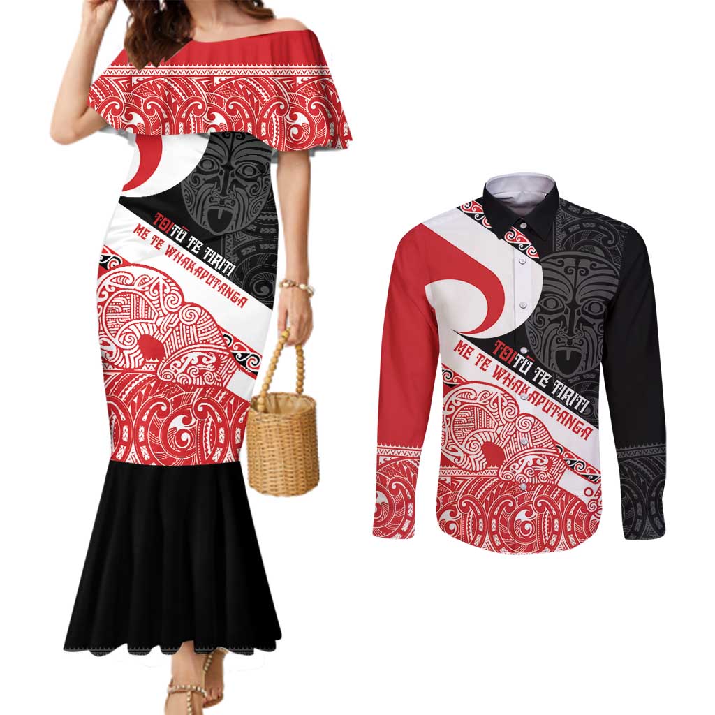 Toitu Te Tiriti Me Te Whakaputanga Couples Matching Mermaid Dress and Long Sleeve Button Shirt Maori Wahaika With Haka Face