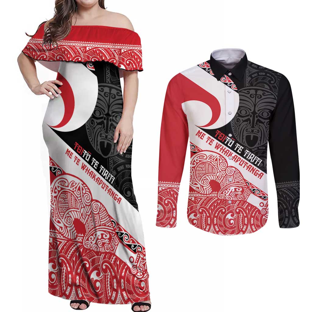 Toitu Te Tiriti Me Te Whakaputanga Couples Matching Off Shoulder Maxi Dress and Long Sleeve Button Shirt Maori Wahaika With Haka Face