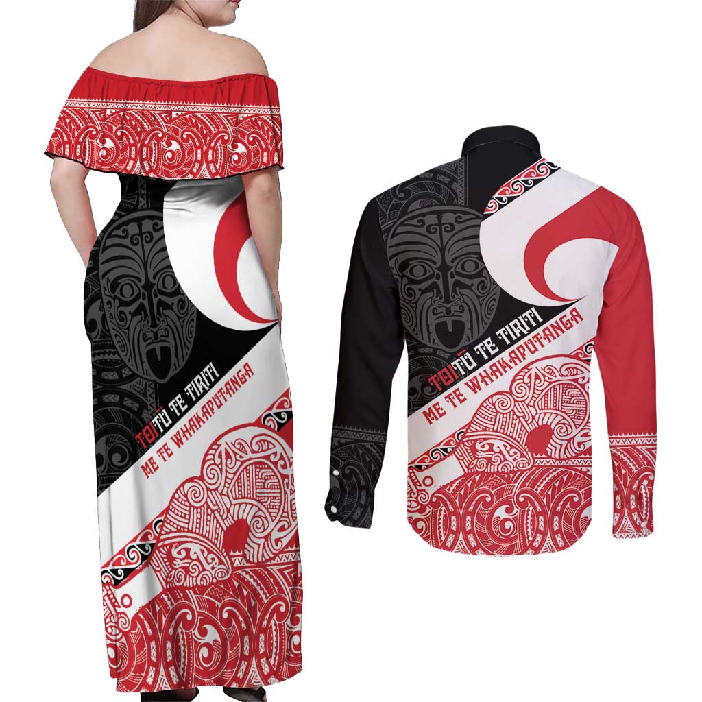 Toitu Te Tiriti Me Te Whakaputanga Couples Matching Off Shoulder Maxi Dress and Long Sleeve Button Shirt Maori Wahaika With Haka Face