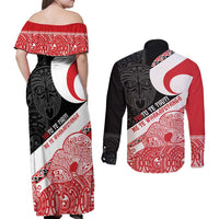 Toitu Te Tiriti Me Te Whakaputanga Couples Matching Off Shoulder Maxi Dress and Long Sleeve Button Shirt Maori Wahaika With Haka Face