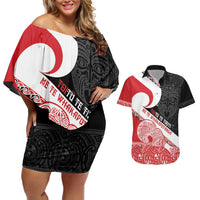 Toitu Te Tiriti Me Te Whakaputanga Couples Matching Off Shoulder Short Dress and Hawaiian Shirt Maori Wahaika With Haka Face