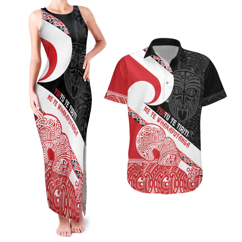 Toitu Te Tiriti Me Te Whakaputanga Couples Matching Tank Maxi Dress and Hawaiian Shirt Maori Wahaika With Haka Face