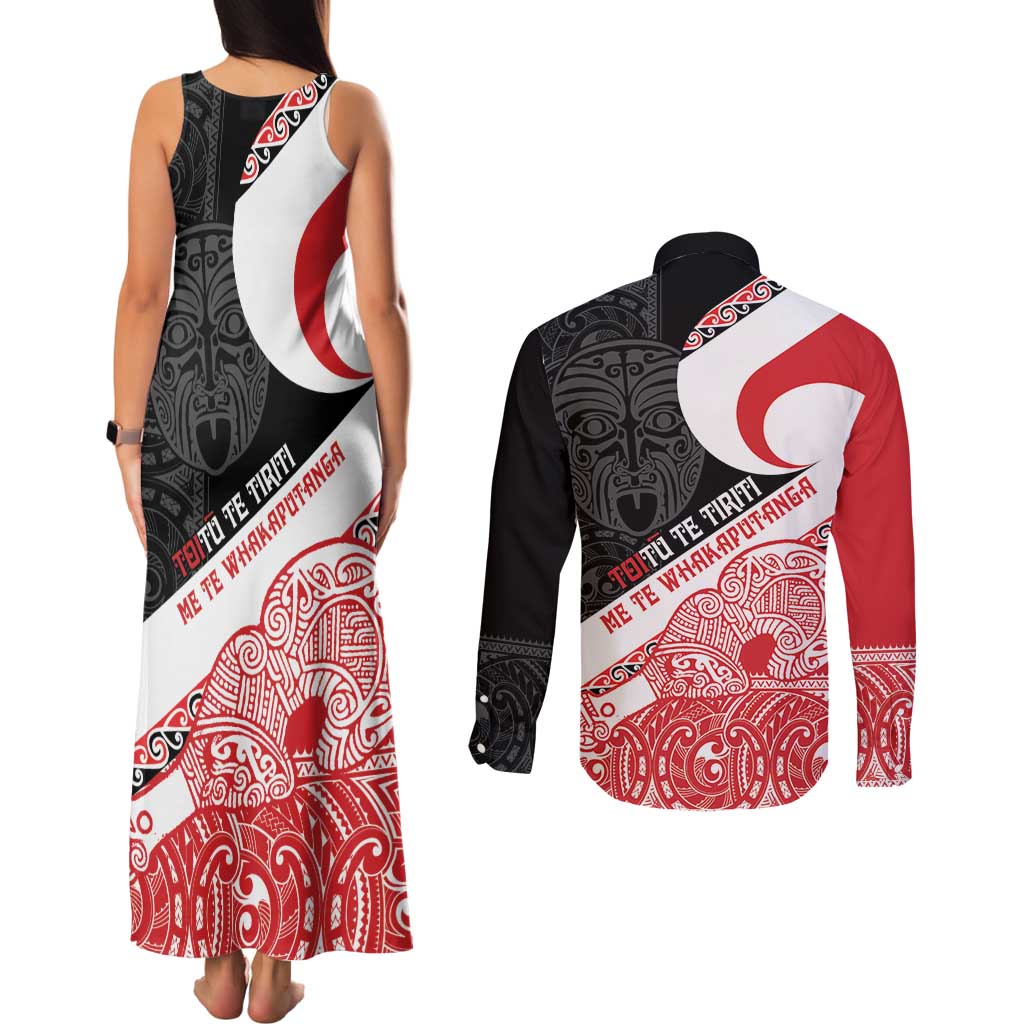 Toitu Te Tiriti Me Te Whakaputanga Couples Matching Tank Maxi Dress and Long Sleeve Button Shirt Maori Wahaika With Haka Face