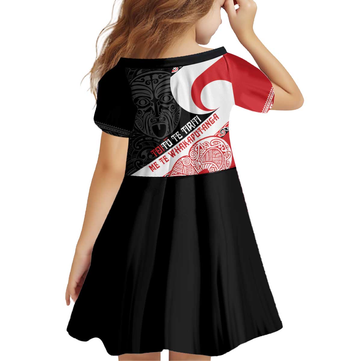 Toitu Te Tiriti Me Te Whakaputanga Kid Short Sleeve Dress Maori Wahaika With Haka Face LT14 - Polynesian Pride