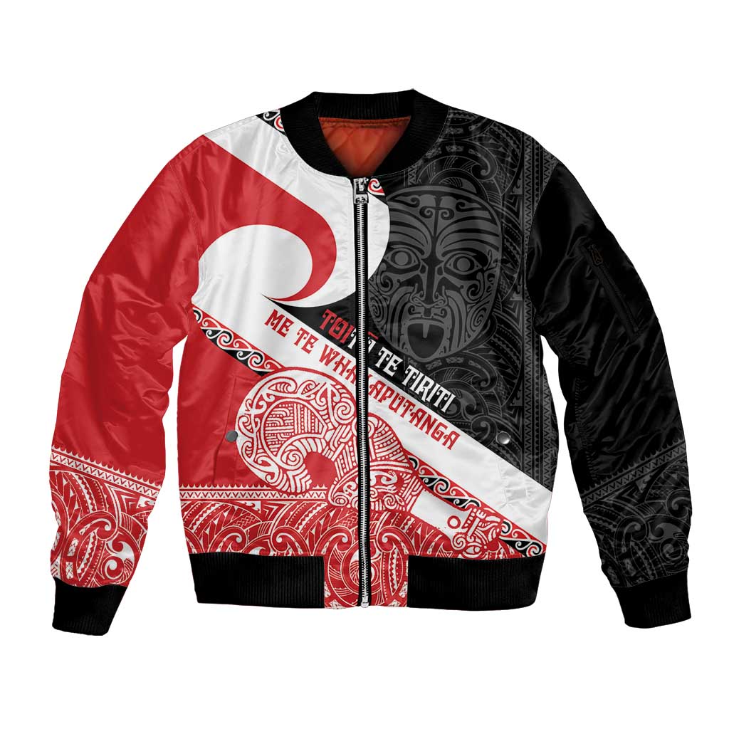 Toitu Te Tiriti Me Te Whakaputanga Sleeve Zip Bomber Jacket Maori Wahaika With Haka Face LT14 Unisex Red - Polynesian Pride