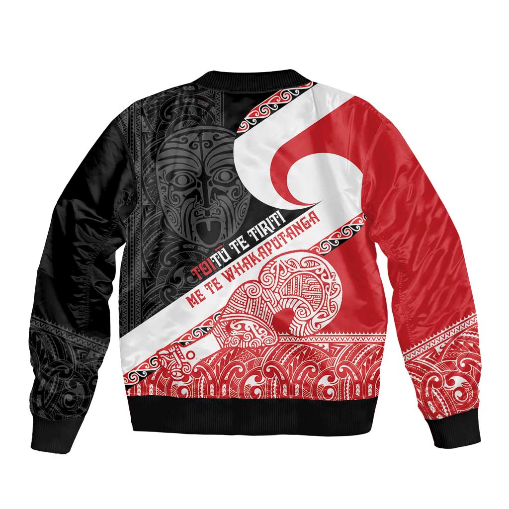 Toitu Te Tiriti Me Te Whakaputanga Sleeve Zip Bomber Jacket Maori Wahaika With Haka Face LT14 - Polynesian Pride