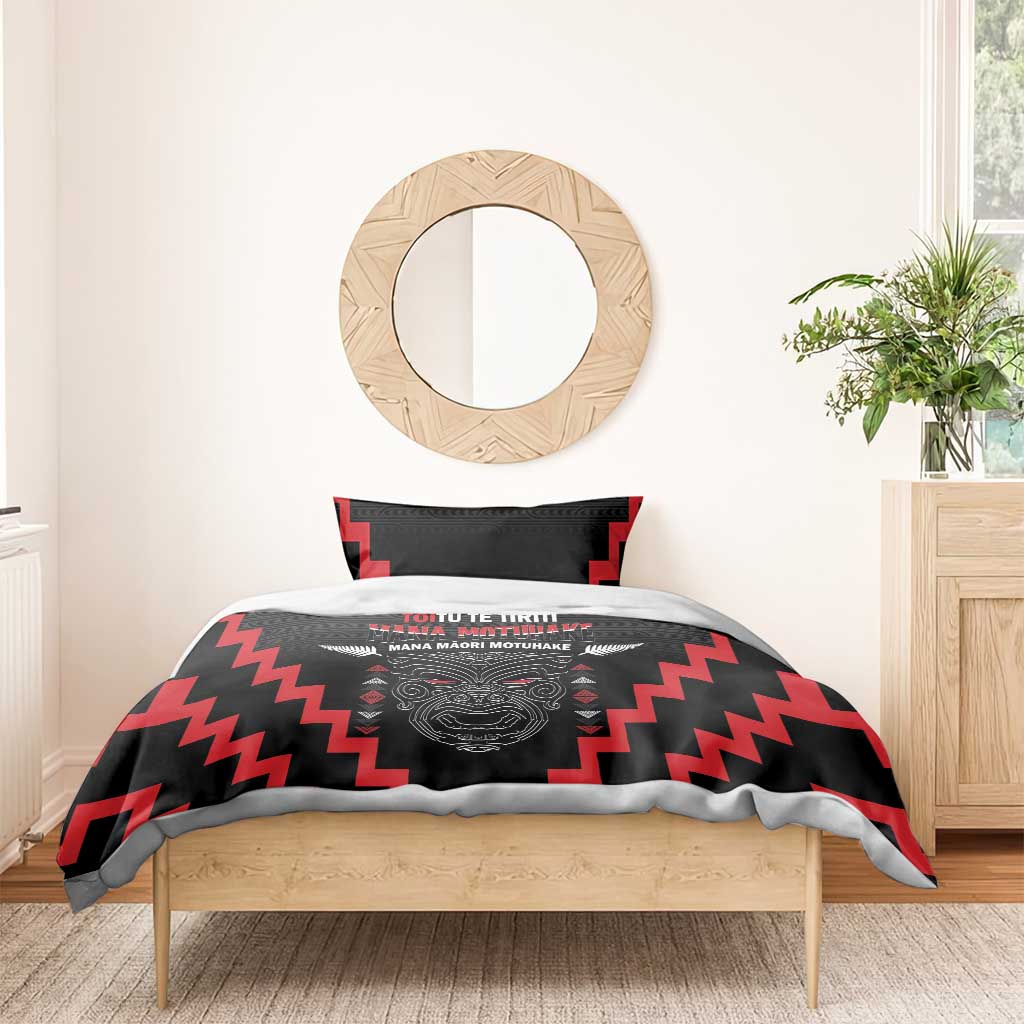 Personalised Toitu Te Tiriti Mana Maori Motuhake Bedding Set Aotearoa Haka Face Mix Poutama Art