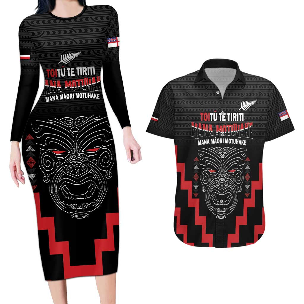 Personalised Toitu Te Tiriti Mana Maori Motuhake Couples Matching Long Sleeve Bodycon Dress and Hawaiian Shirt Aotearoa Haka Face Mix Poutama Art