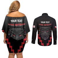 Personalised Toitu Te Tiriti Mana Maori Motuhake Couples Matching Off Shoulder Short Dress and Long Sleeve Button Shirt Aotearoa Haka Face Mix Poutama Art