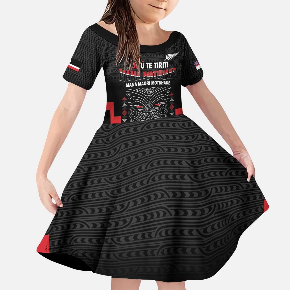 Personalised Toitu Te Tiriti Mana Maori Motuhake Kid Short Sleeve Dress Aotearoa Haka Face Mix Poutama Art LT14 KID Black - Polynesian Pride