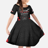 Personalised Toitu Te Tiriti Mana Maori Motuhake Kid Short Sleeve Dress Aotearoa Haka Face Mix Poutama Art LT14 KID Black - Polynesian Pride