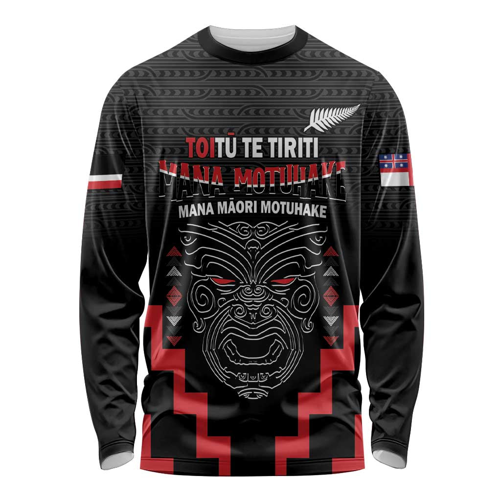 Personalised Toitu Te Tiriti Mana Maori Motuhake Long Sleeve Shirt Aotearoa Haka Face Mix Poutama Art