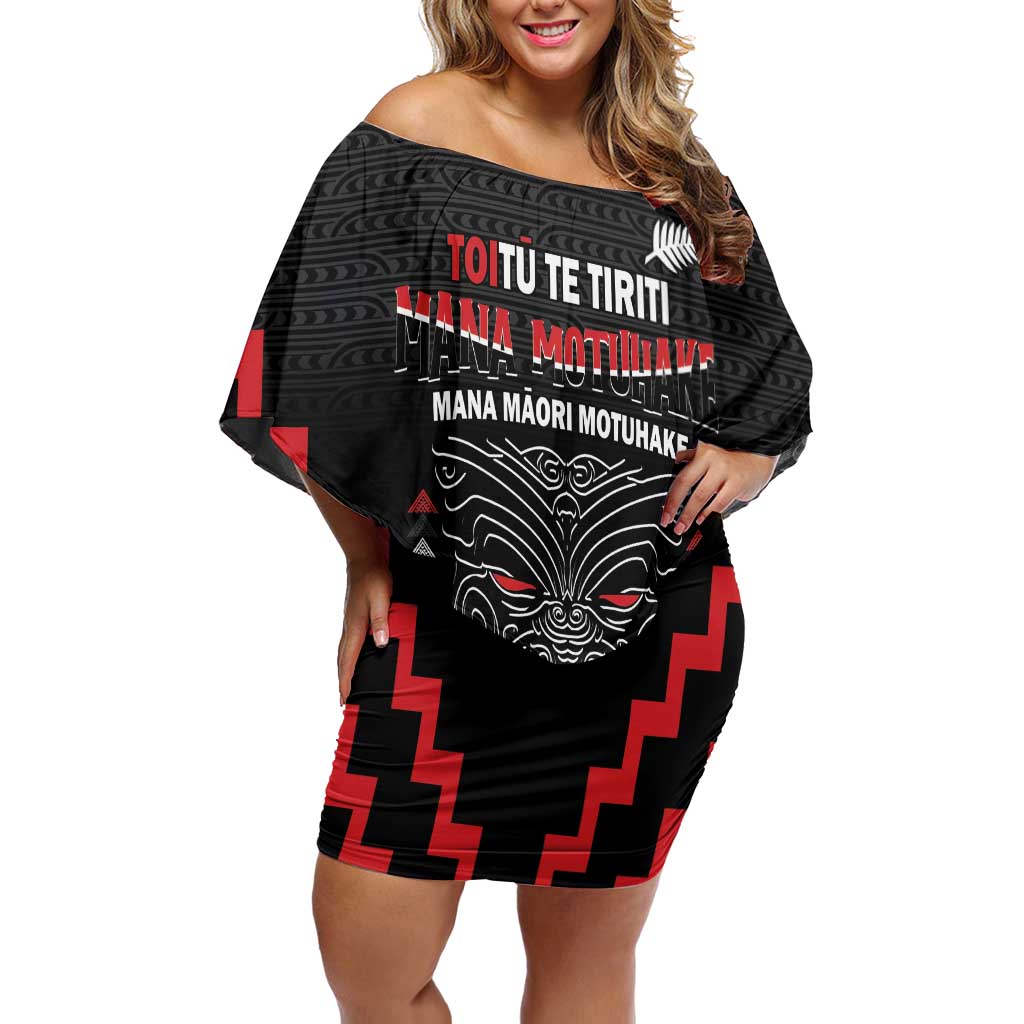 Personalised Toitu Te Tiriti Mana Maori Motuhake Off Shoulder Short Dress Aotearoa Haka Face Mix Poutama Art