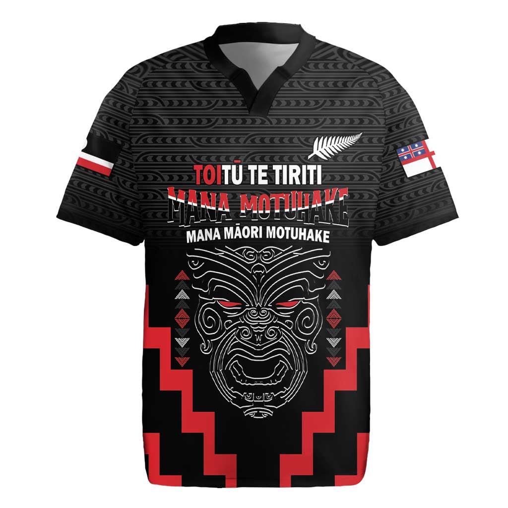 Personalised Toitu Te Tiriti Mana Maori Motuhake Rugby Jersey Aotearoa Haka Face Mix Poutama Art