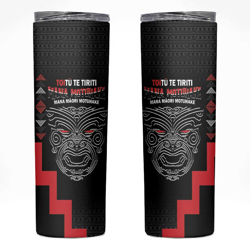 Toitu Te Tiriti Mana Maori Motuhake Skinny Tumbler Aotearoa Haka Face Mix Poutama Art LT14 Black - Polynesian Pride