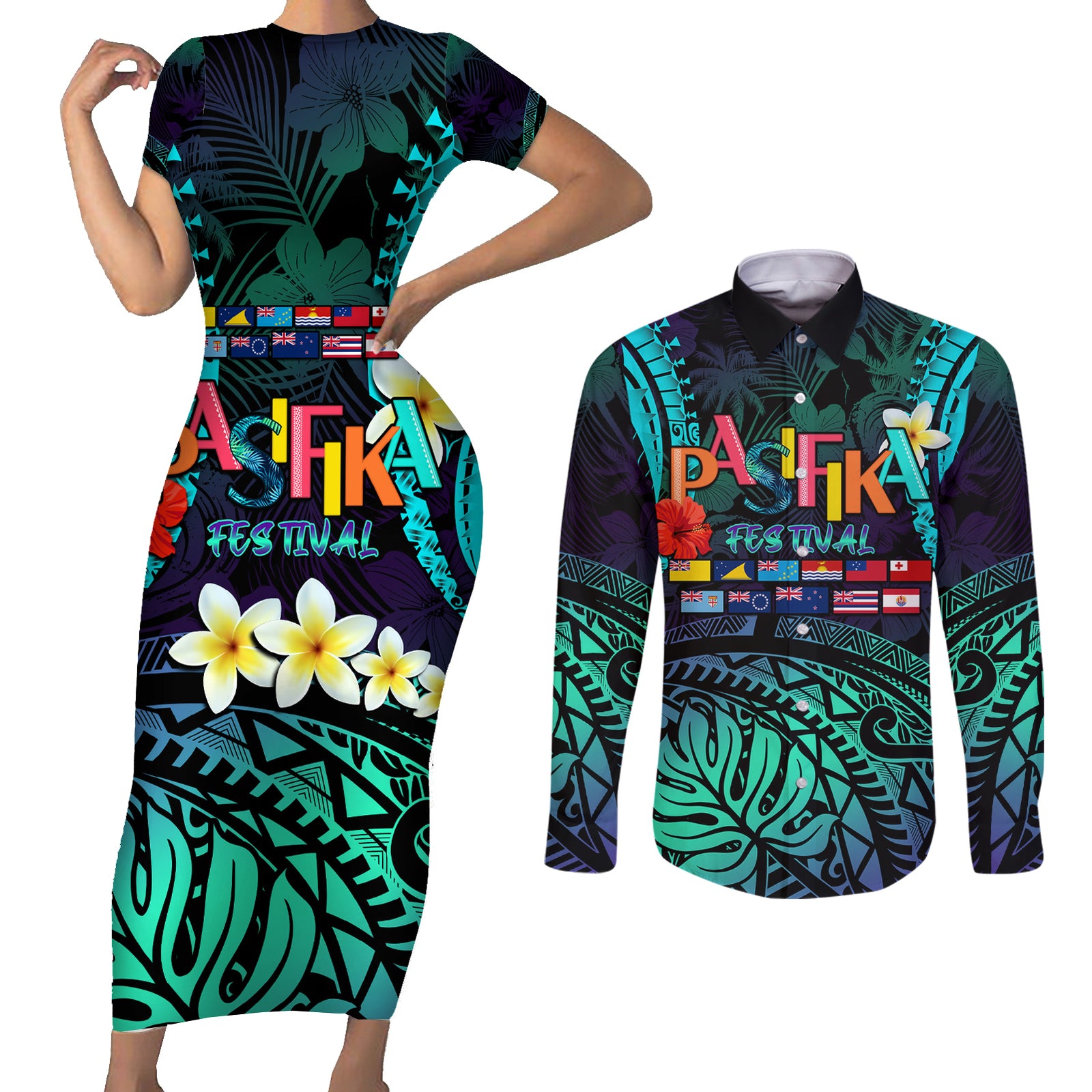 Personalised Pasifika Festival Auckland Couples Matching Short Sleeve Bodycon Dress and Long Sleeve Button Shirt 2024 Pacific Islands Polynesian Pattern LT14 Purple - Polynesian Pride