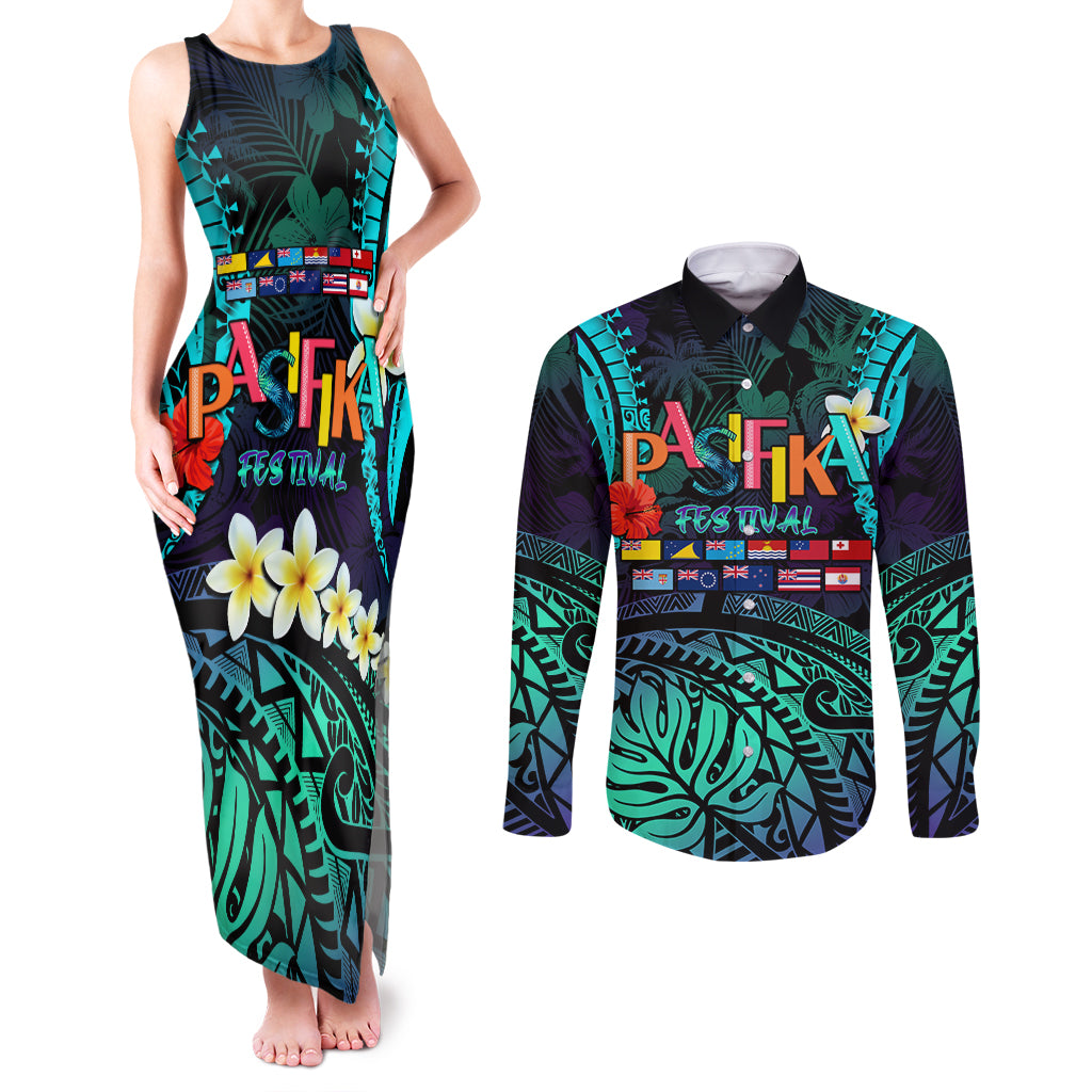 Personalised Pasifika Festival Auckland Couples Matching Tank Maxi Dress and Long Sleeve Button Shirt 2024 Pacific Islands Polynesian Pattern LT14 Purple - Polynesian Pride