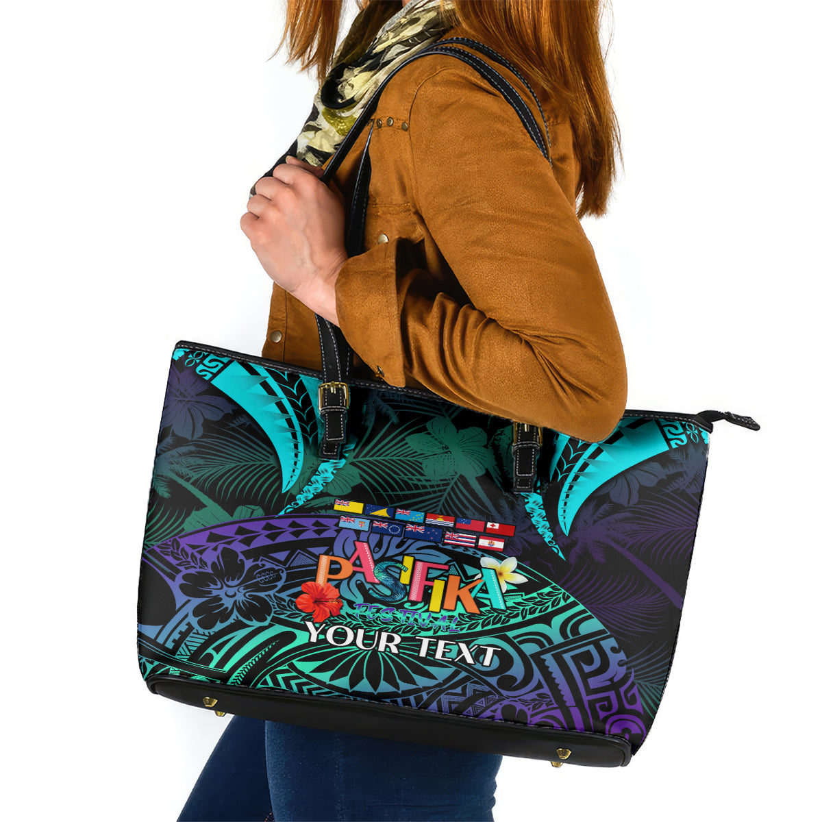 Personalised Pasifika Festival Auckland Leather Tote Bag 2024 Pacific Islands Polynesian Pattern LT14 Purple - Polynesian Pride