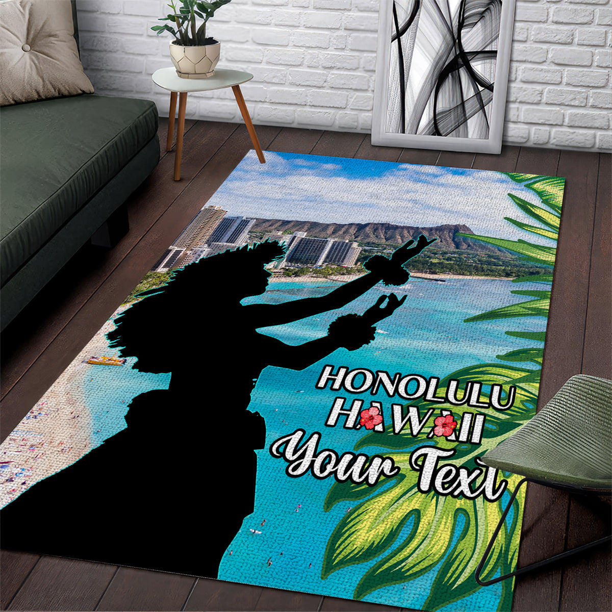 Personalised Honolulu Aloha Hawaii Area Rug Tropical Leaves With Hula Girl LT14 Blue - Polynesian Pride