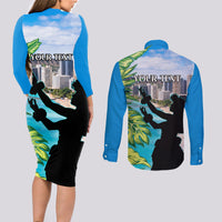 Personalised Honolulu Aloha Hawaii Couples Matching Long Sleeve Bodycon Dress and Long Sleeve Button Shirt Tropical Leaves With Hula Girl LT14 - Polynesian Pride