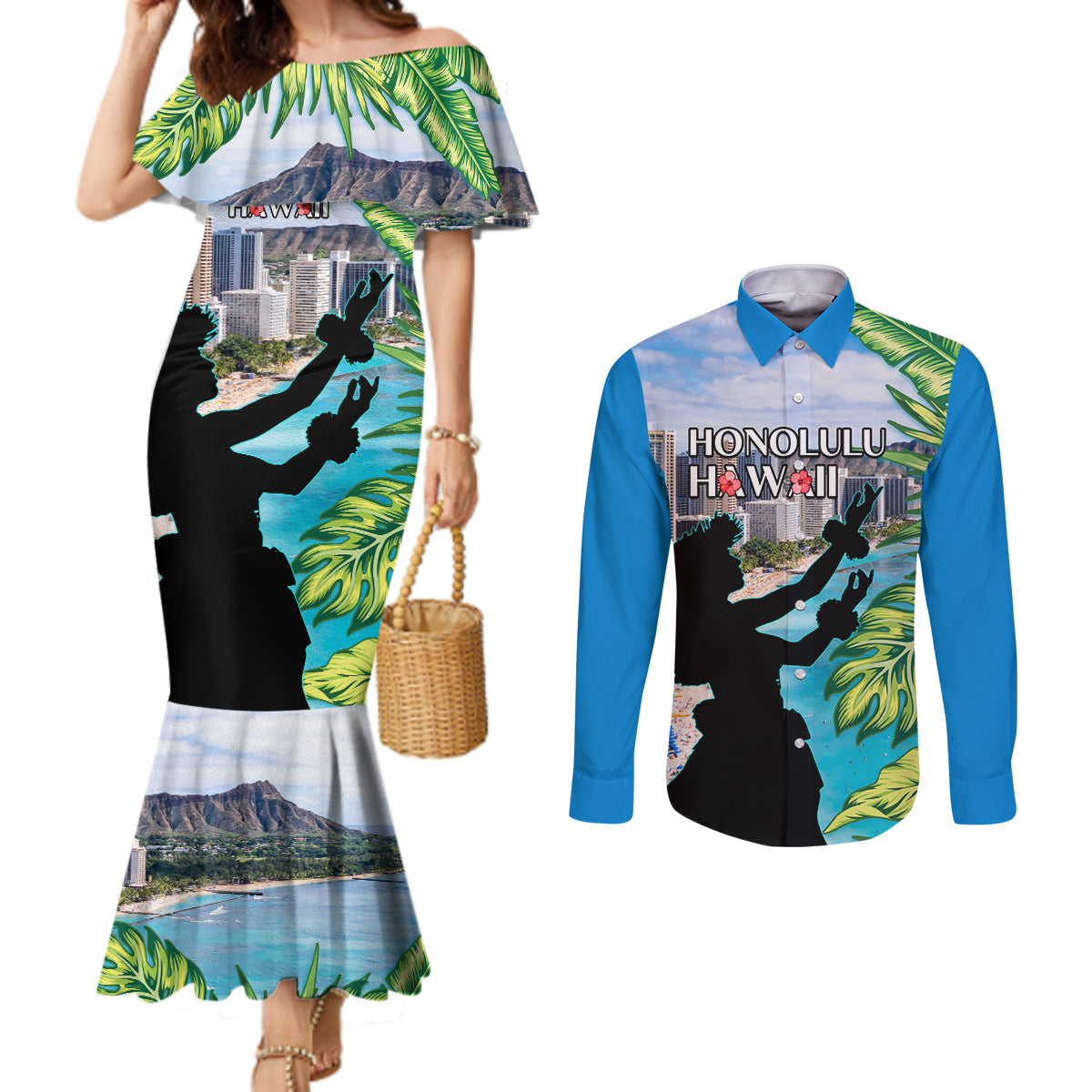 Personalised Honolulu Aloha Hawaii Couples Matching Mermaid Dress and Long Sleeve Button Shirt Tropical Leaves With Hula Girl LT14 Blue - Polynesian Pride