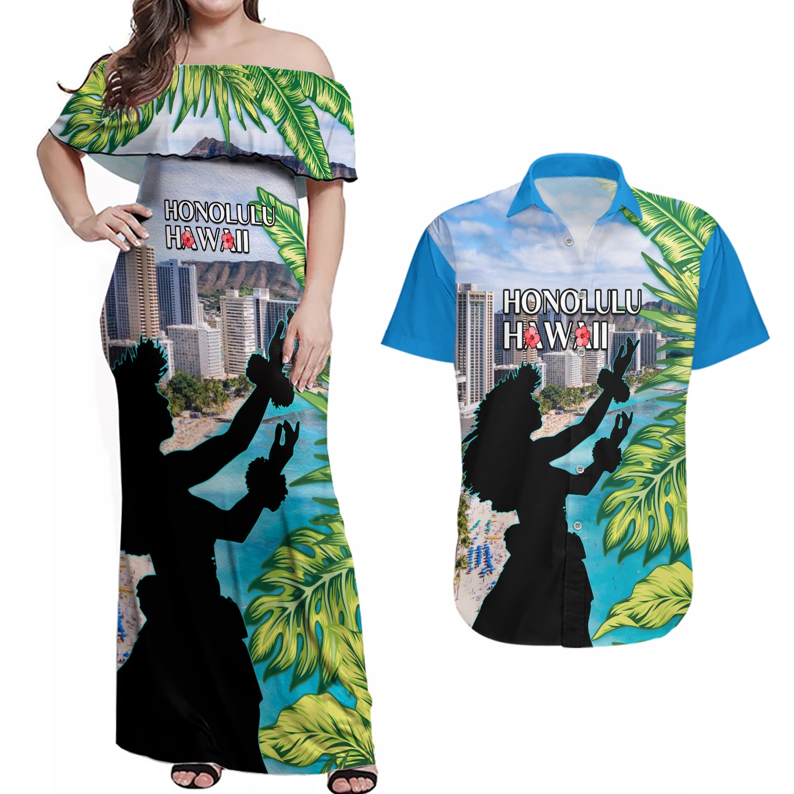 Personalised Honolulu Aloha Hawaii Couples Matching Off Shoulder Maxi Dress and Hawaiian Shirt Tropical Leaves With Hula Girl LT14 Blue - Polynesian Pride