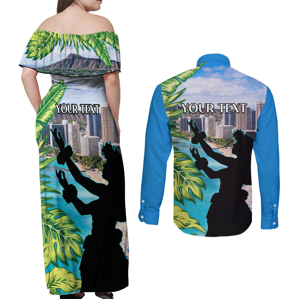 Personalised Honolulu Aloha Hawaii Couples Matching Off Shoulder Maxi Dress and Long Sleeve Button Shirt Tropical Leaves With Hula Girl LT14 - Polynesian Pride