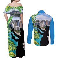Personalised Honolulu Aloha Hawaii Couples Matching Off Shoulder Maxi Dress and Long Sleeve Button Shirt Tropical Leaves With Hula Girl LT14 - Polynesian Pride