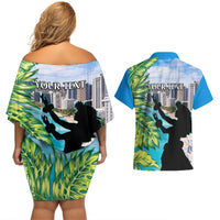 Personalised Honolulu Aloha Hawaii Couples Matching Off Shoulder Short Dress and Hawaiian Shirt Tropical Leaves With Hula Girl LT14 - Polynesian Pride