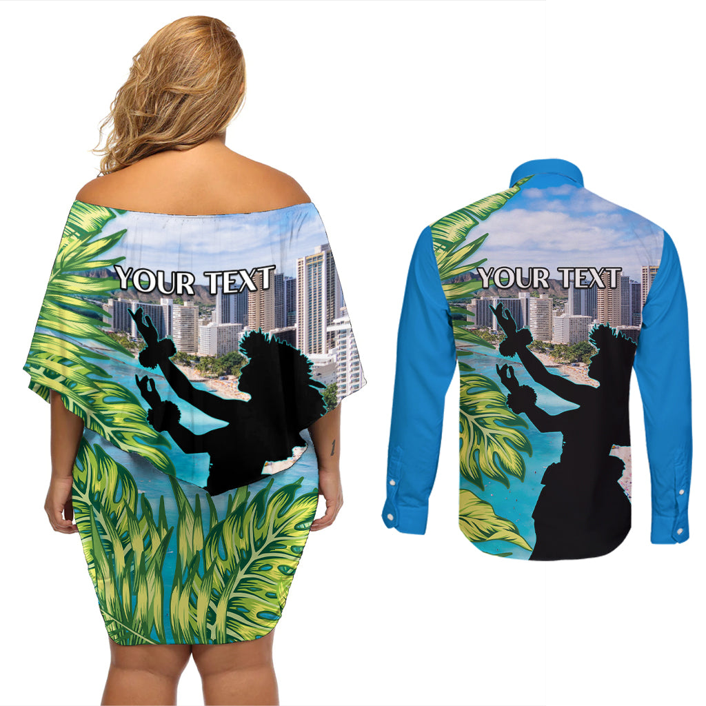 Personalised Honolulu Aloha Hawaii Couples Matching Off Shoulder Short Dress and Long Sleeve Button Shirt Tropical Leaves With Hula Girl LT14 - Polynesian Pride