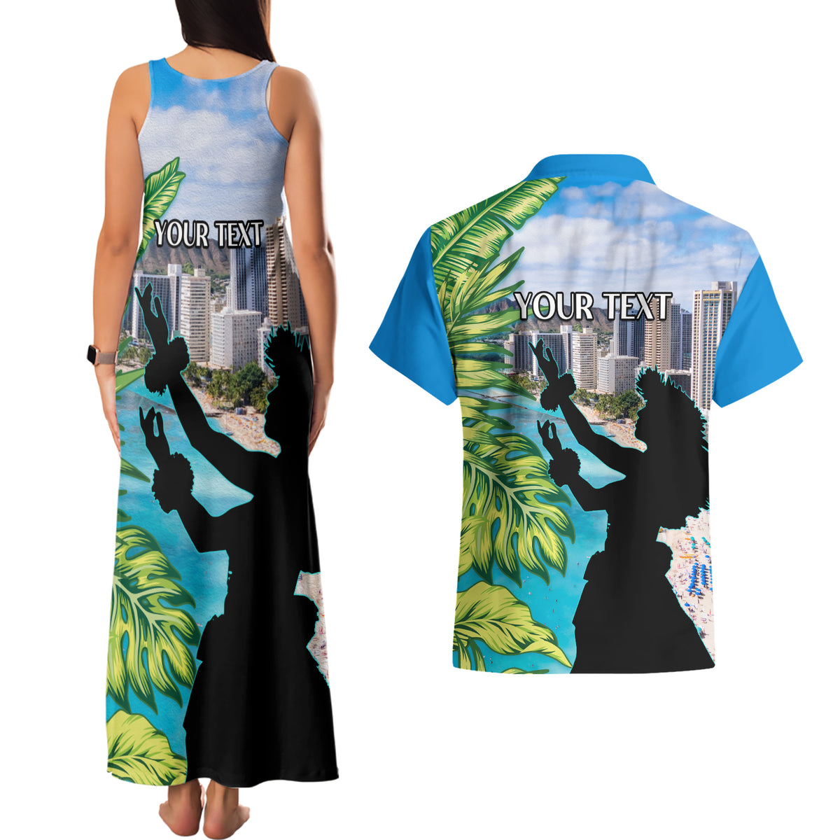 Personalised Honolulu Aloha Hawaii Couples Matching Tank Maxi Dress and Hawaiian Shirt Tropical Leaves With Hula Girl LT14 - Polynesian Pride