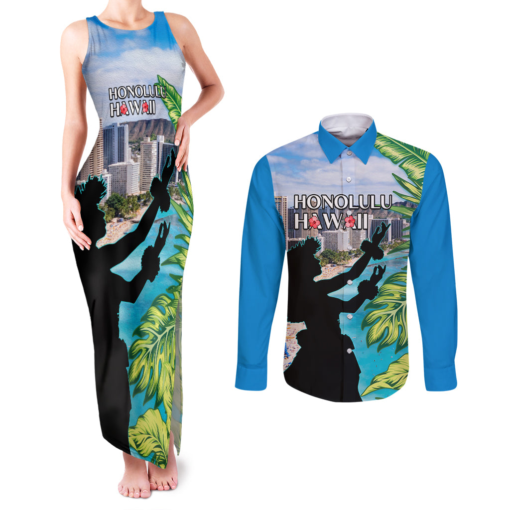 Personalised Honolulu Aloha Hawaii Couples Matching Tank Maxi Dress and Long Sleeve Button Shirt Tropical Leaves With Hula Girl LT14 Blue - Polynesian Pride