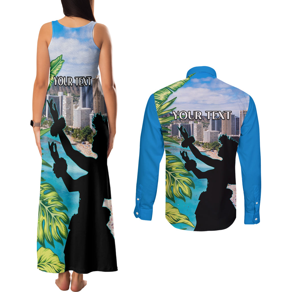 Personalised Honolulu Aloha Hawaii Couples Matching Tank Maxi Dress and Long Sleeve Button Shirt Tropical Leaves With Hula Girl LT14 - Polynesian Pride