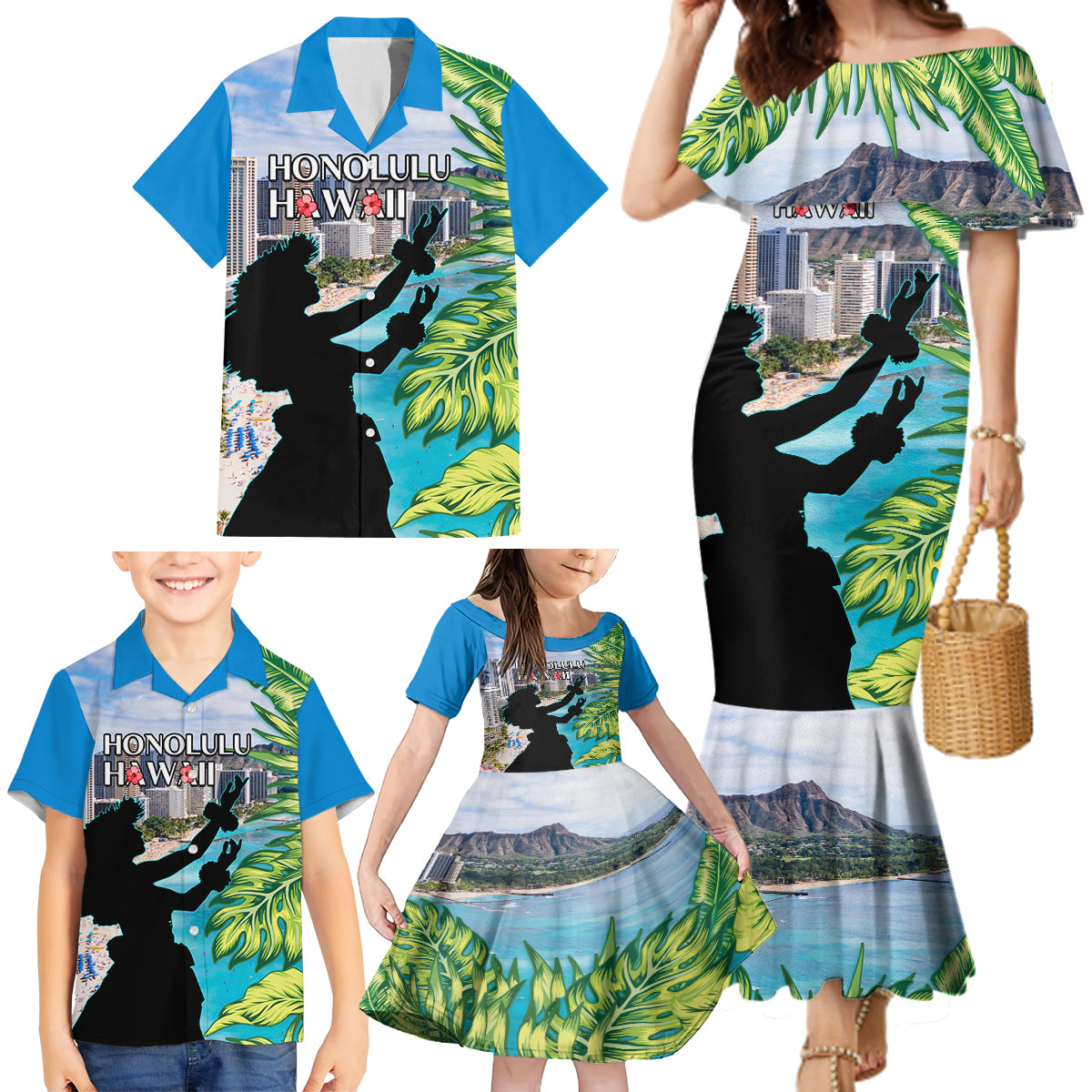 Personalised Honolulu Aloha Hawaii Family Matching Mermaid Dress and Hawaiian Shirt Tropical Leaves With Hula Girl LT14 - Polynesian Pride