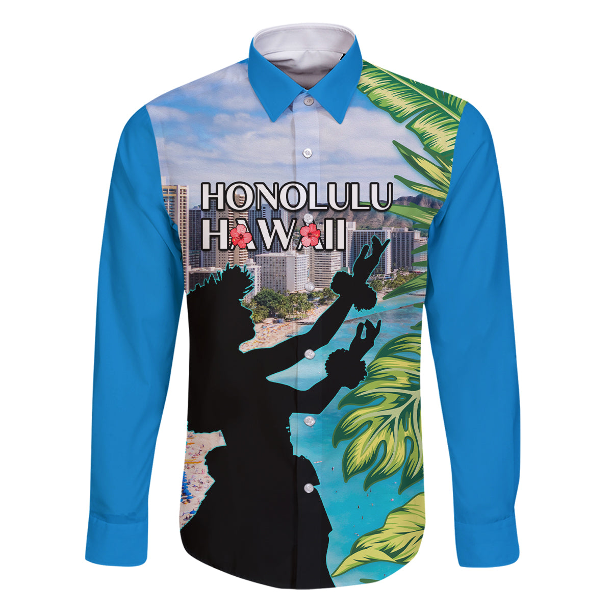 Personalised Honolulu Aloha Hawaii Family Matching Tank Maxi Dress and Hawaiian Shirt Tropical Leaves With Hula Girl LT14 Dad's Shirt - Long Sleeve Blue - Polynesian Pride