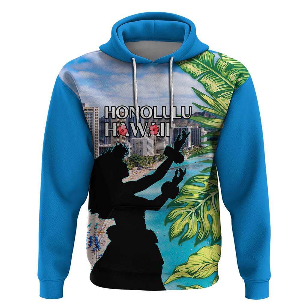 Personalised Honolulu Aloha Hawaii Hoodie Tropical Leaves With Hula Girl LT14 Pullover Hoodie Blue - Polynesian Pride