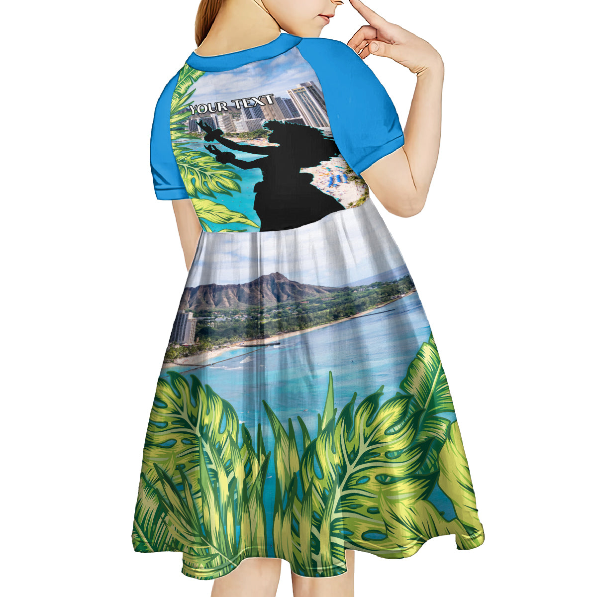 Personalised Honolulu Aloha Hawaii Kid Short Sleeve Dress Tropical Leaves With Hula Girl LT14 - Polynesian Pride