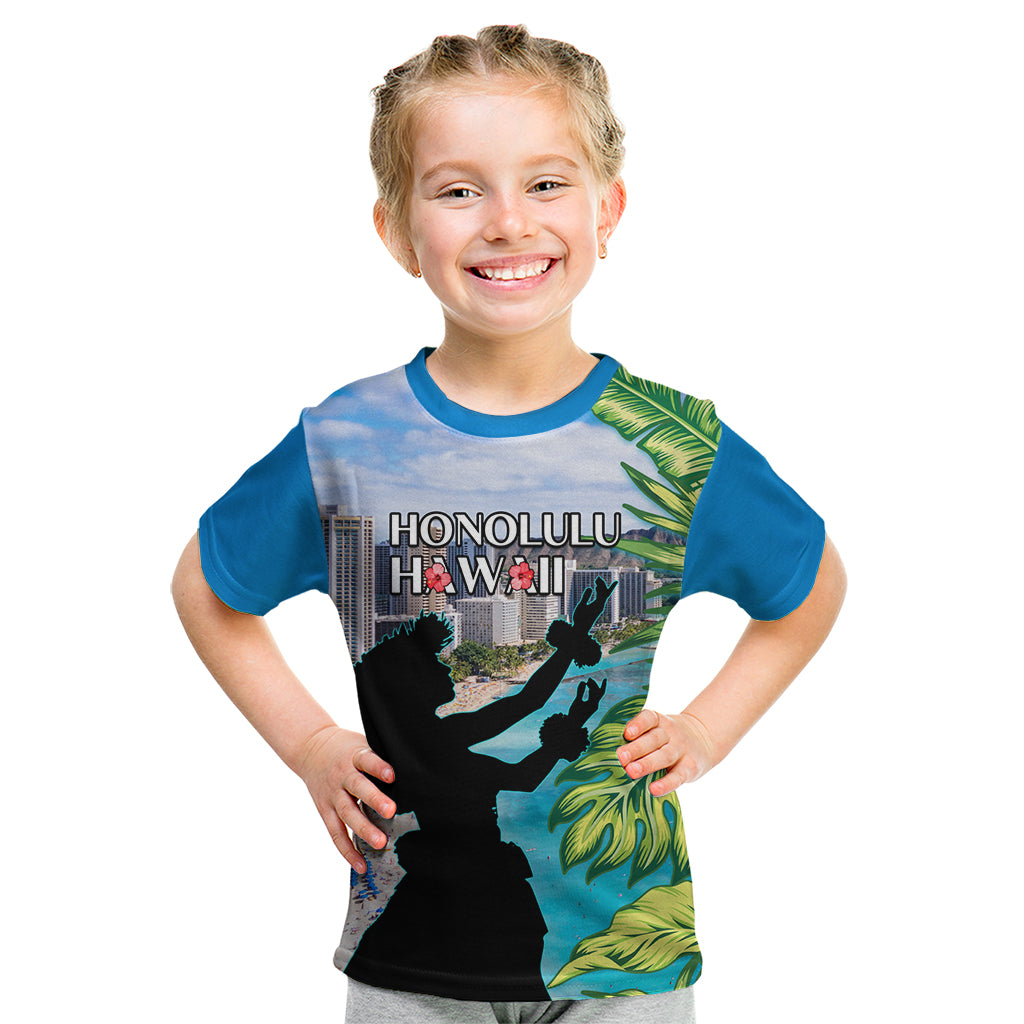 Personalised Honolulu Aloha Hawaii Kid T Shirt Tropical Leaves With Hula Girl LT14 Blue - Polynesian Pride