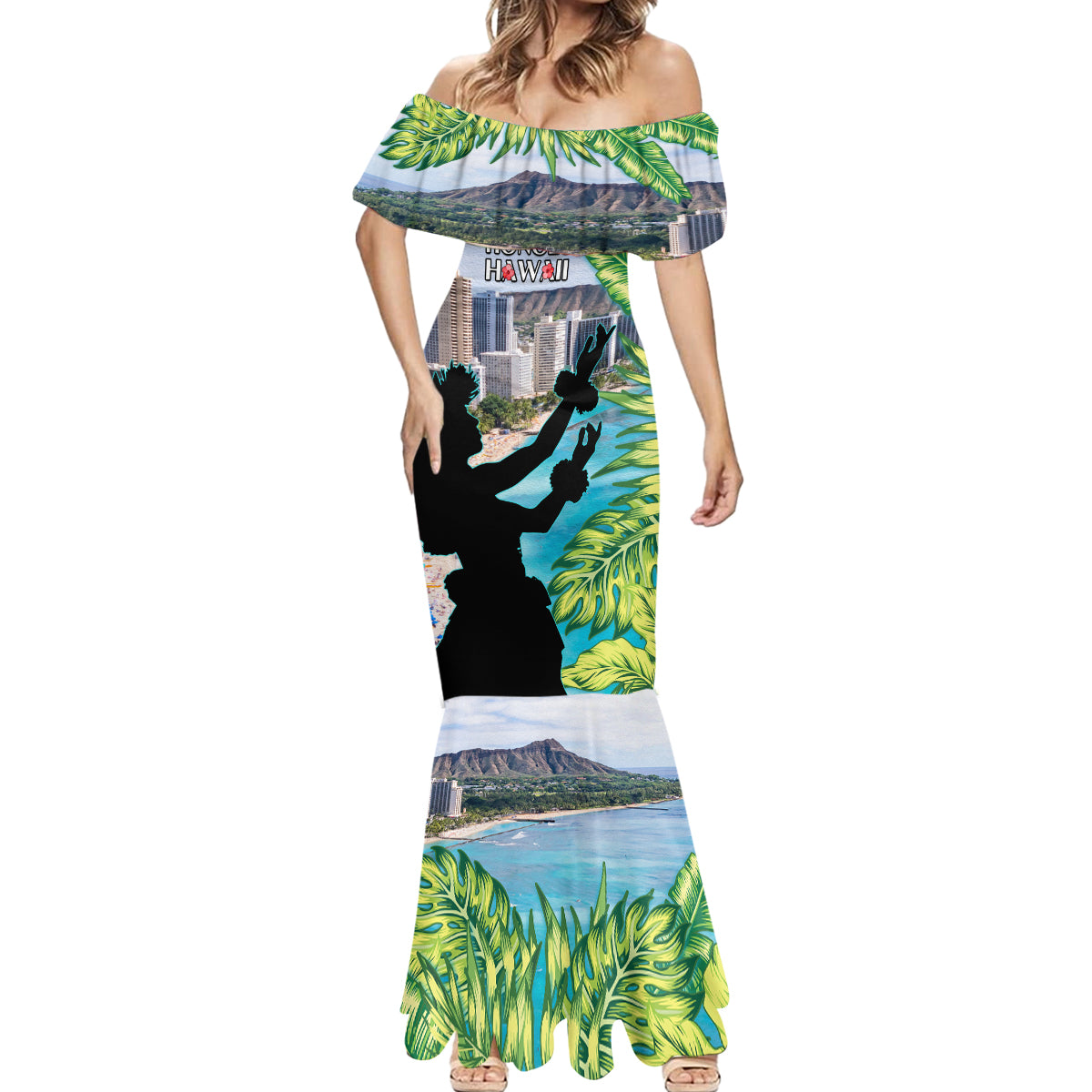 Personalised Honolulu Aloha Hawaii Mermaid Dress Tropical Leaves With Hula Girl LT14 - Polynesian Pride